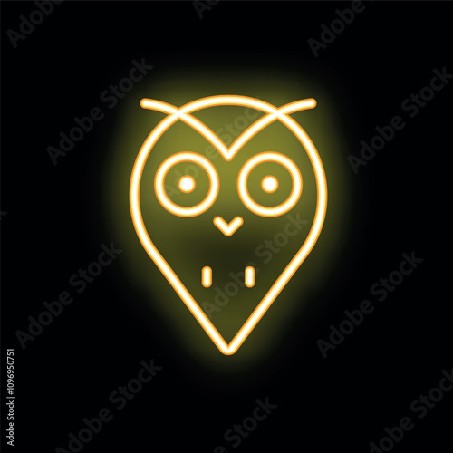 Bright yellow neon sign in the shape of an owl, glowing on a black background