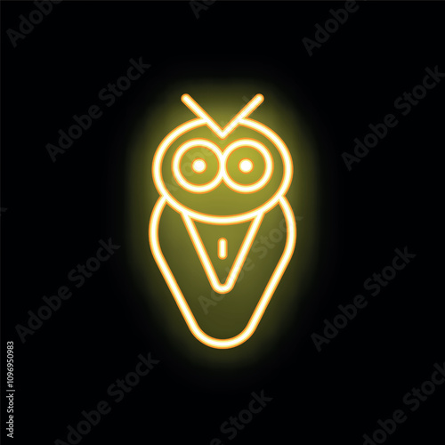 Yellow neon icon of an owl glowing on a dark background