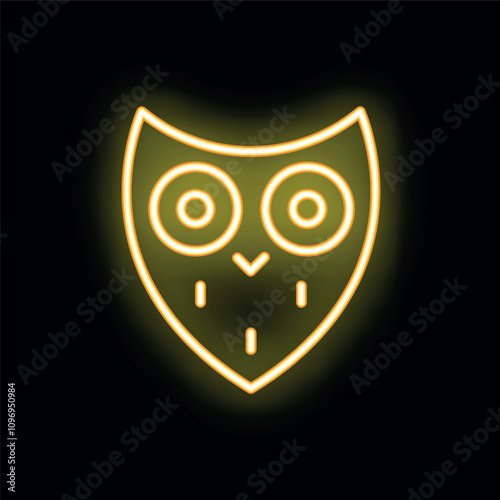 Yellow neon sign in the shape of an owl face, glowing on a black background