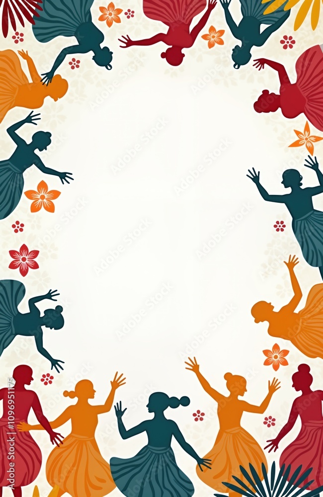 Fototapeta premium Dance festival invitation mockup. Blank space. Colorful dancer silhouettes. Cultural patterns. Graphic design template. Event promotion. Marketing material. Digital media. Artistic design. Cultural