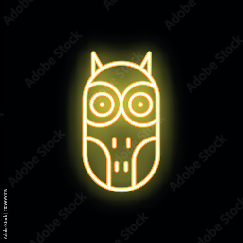 Yellow neon sign of an owl glowing on a black background