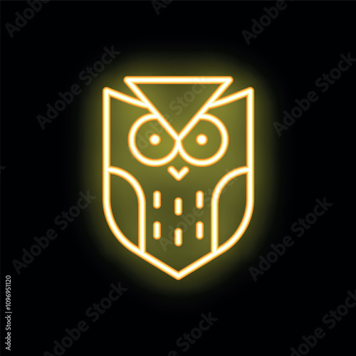 Bright yellow neon sign of an owl glowing on a black background