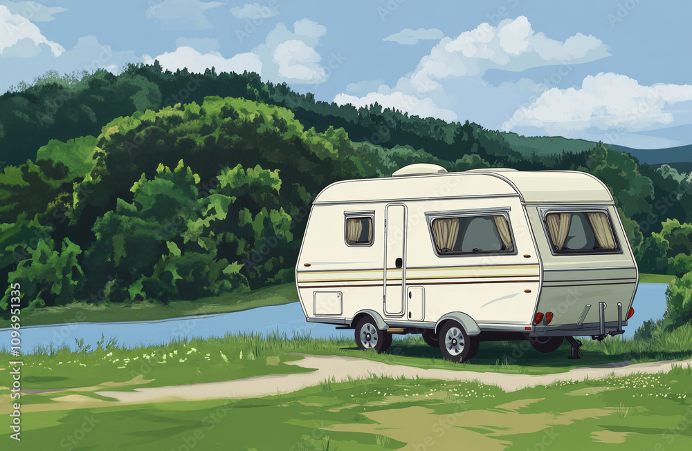 A cozy, white caravan parked near a serene river, surrounded by lush greenery and a clear blue sky, perfect for a tranquil getaway in nature. A cozy, white caravan parked near a serene river, surrounded by lush greenery and a clear blue sky, perfect for a tranquil getaway in nature.