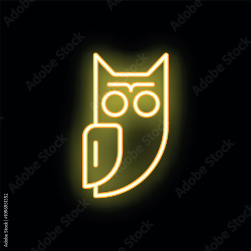 Bright yellow neon sign of an owl on a black background