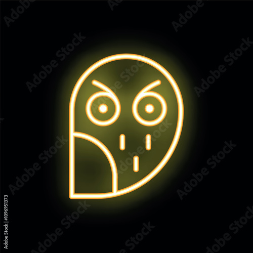 Neon yellow icon of an angry owl glowing on black background