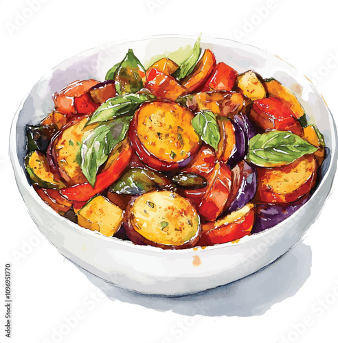 Watercolor Ratatouille: French Vegetable Stewon white