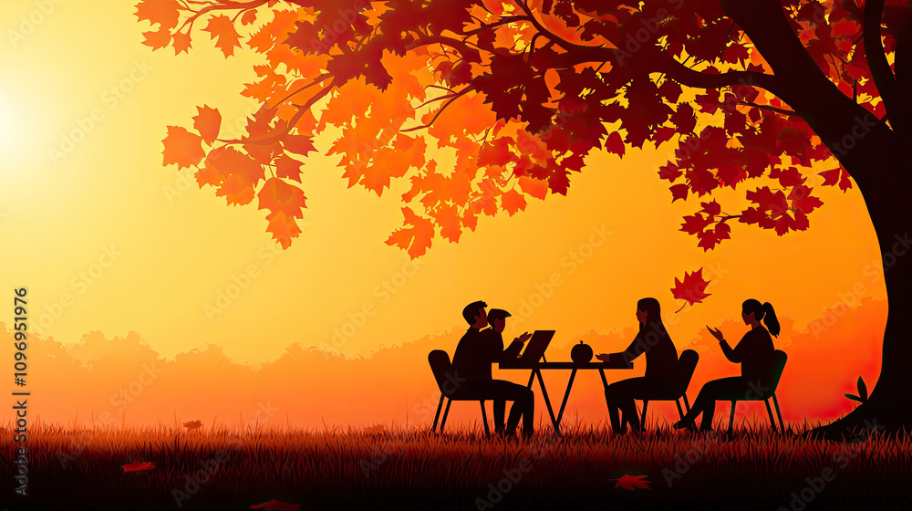 A serene sunset scene featuring silhouettes of people gathered around a table under a large tree, surrounded by autumn foliage. A serene sunset scene featuring silhouettes of people gathered around a table under a large tree, surrounded by autumn foliage.