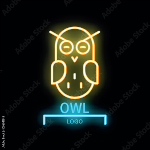 Yellow neon sign representing an owl logo, a symbol of wisdom and knowledge, ideal for businesses or projects related to education or nocturnal themes