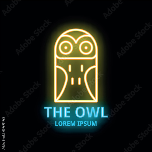 Bright yellow neon sign featuring an owl logo design on a black background