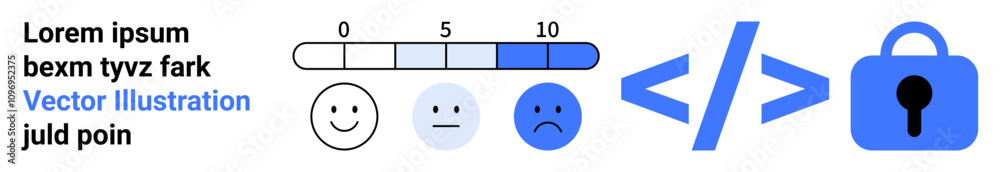 Emotion rating scale from happy to sad, numerical scale, coding icon, and padlock icon. Ideal for user feedback, analytics, security, programming, web development, UI UX design, data protection Emotion rating scale from happy to sad, numerical scale, coding icon, and padlock icon. Ideal for user feedback, analytics, security, programming, web development, UI UX design, data protection