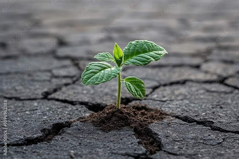 A resilient green plant emerges from cracked soil, symbolizing hope and growth in adversity. A resilient green plant emerges from cracked soil, symbolizing hope and growth in adversity.