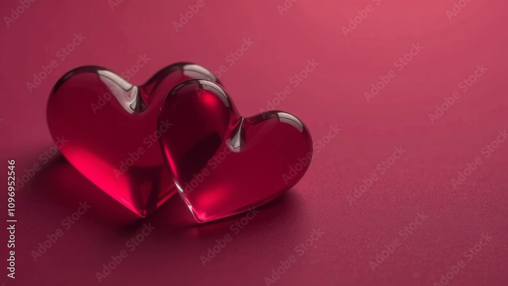 Two transparent red hearts on a matte red background, on the right there is an empty space for text. Greeting card, banner, Valentine's Day.