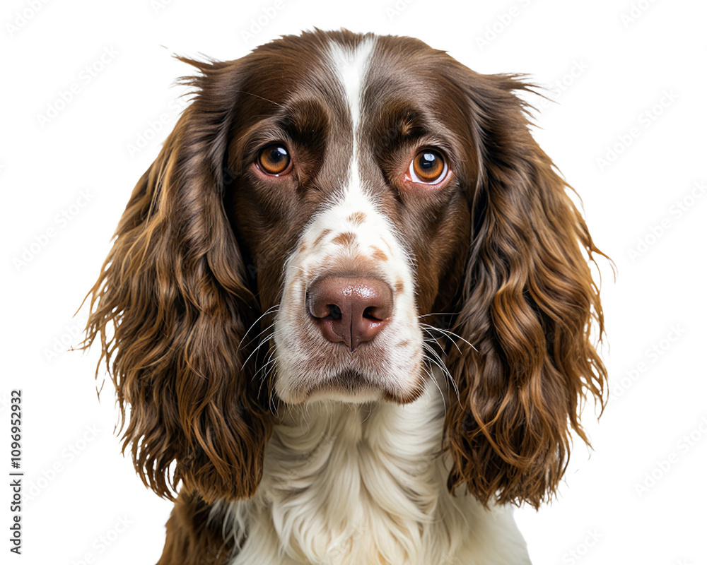 Spaniel with shiny brown-and-white fur and wavy ears. Eyes full of emotion, close-up of the face. Image has no background. Spaniel with shiny brown-and-white fur and wavy ears. Eyes full of emotion, close-up of the face. Image has no background.