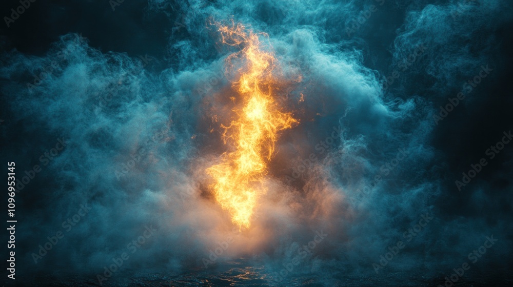 Fiery Inferno Amidst a Mystical Teal Haze: A Digital Masterpiece Fiery Inferno Amidst a Mystical Teal Haze: A Digital Masterpiece