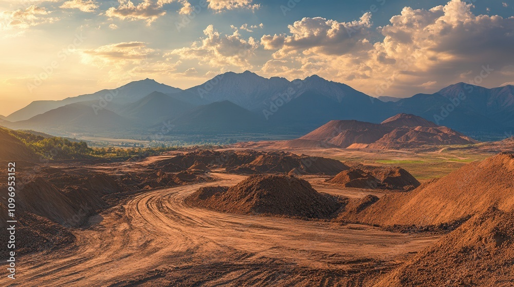 Naklejka premium A breathtaking view of mountains at sunset, showcasing rugged terrain and a winding path through an earthy landscape.