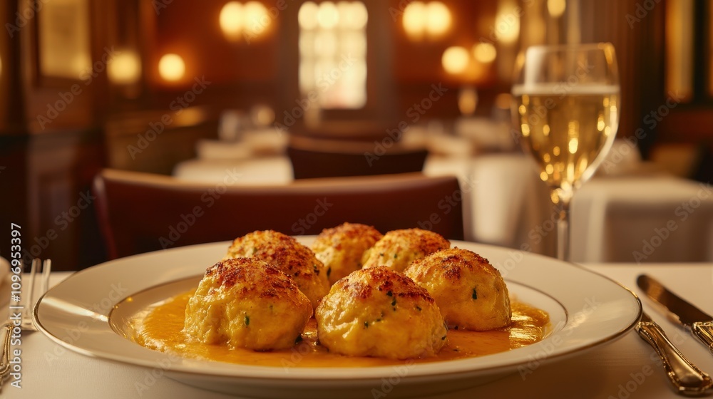 Elegant Plate of Savory Dumplings in Fine Dining Setting Elegant Plate of Savory Dumplings in Fine Dining Setting
