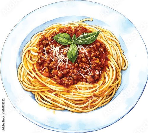 Spaghetti with sauce bolognese. Watercolor vector hand drawn illustration isolated on white background