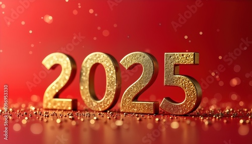 Golden 2025 digits on red background. Sparkle, shine. New year celebration. Festive holiday card. Winter season greeting. Perfect for invitation design. Decorative metallic numbers. Happy new year