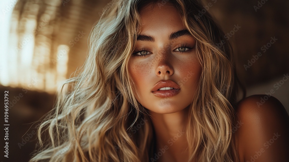 Golden Hour Beauty: Captivating portrait of a young woman with long, wavy blonde hair, sun-kissed skin, and intense green eyes. The warm lighting enhances her natural beauty. Golden Hour Beauty: Captivating portrait of a young woman with long, wavy blonde hair, sun-kissed skin, and intense green eyes. The warm lighting enhances her natural beauty.