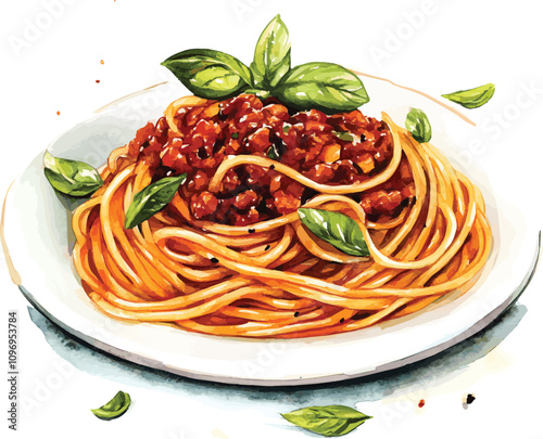 Spaghetti with sauce bolognese. Watercolor vector hand drawn illustration isolated on white background