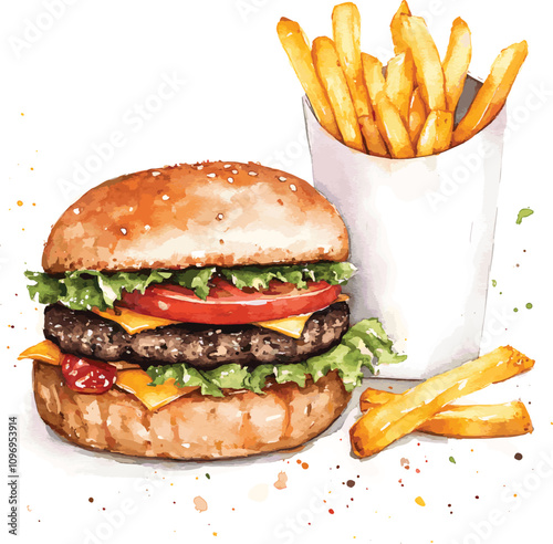 Traditional hamburger with fries. Watercolor vecctor Illustration.