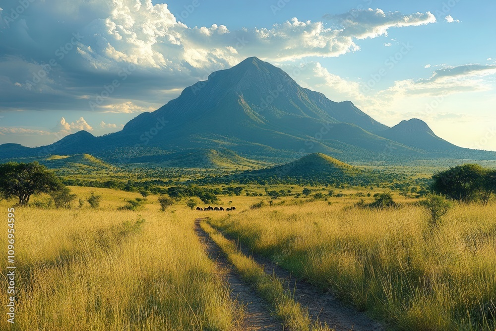Fototapeta premium an expansive african savanna stretches into the distance with a majestic mountain range rising in a national park, showcasing wildlife and natural beauty under a bright sky