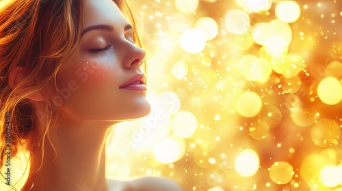 Golden Glow: A young woman with captivating eyes and glowing skin finds solace and serenity in the soft, warm light. The image evokes a sense of peace, tranquility, and inner beauty. 