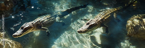 Two Crocodiles Swimming in Crystal Clear Water - Majestic crocodiles gracefully glide through pristine water, symbolizing power, nature, wildlife, serenity, and survival.