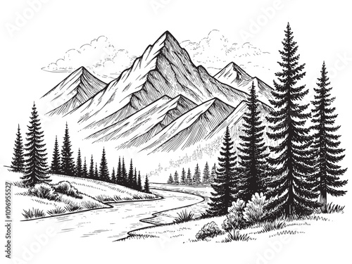 mountains and pine trees sketch hand drawn drawing vector illustration