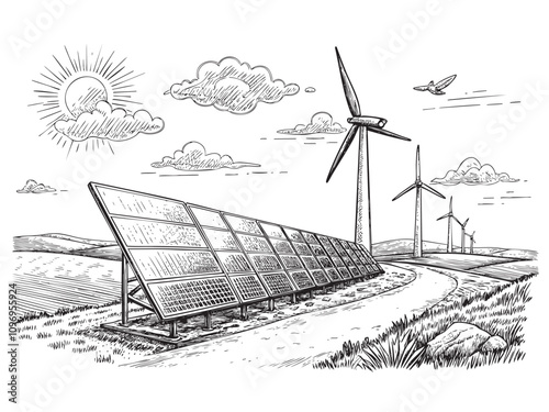 solar panel sketch hand drawn drawing vector illustration