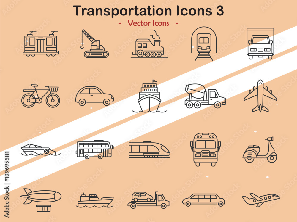Icons showcasing transportation modes and infrastructure in vector style