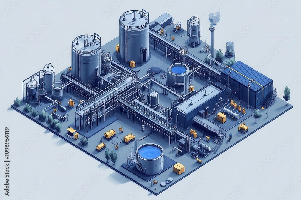 an isometric vector illustration of a treatment plant showcases intricate water purification systems, featuring tanks, reservoirs, and pipes, rendered with clarity and precision an isometric vector illustration of a treatment plant showcases intricate water purification systems, featuring tanks, reservoirs, and pipes, rendered with clarity and precision