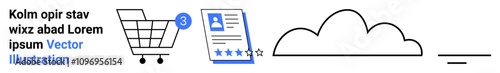 Shopping cart with notification badge, a review document with star ratings, and a cloud icon. Ideal for e-commerce, online reviews, cloud computing, digital storage, customer feedback, internet