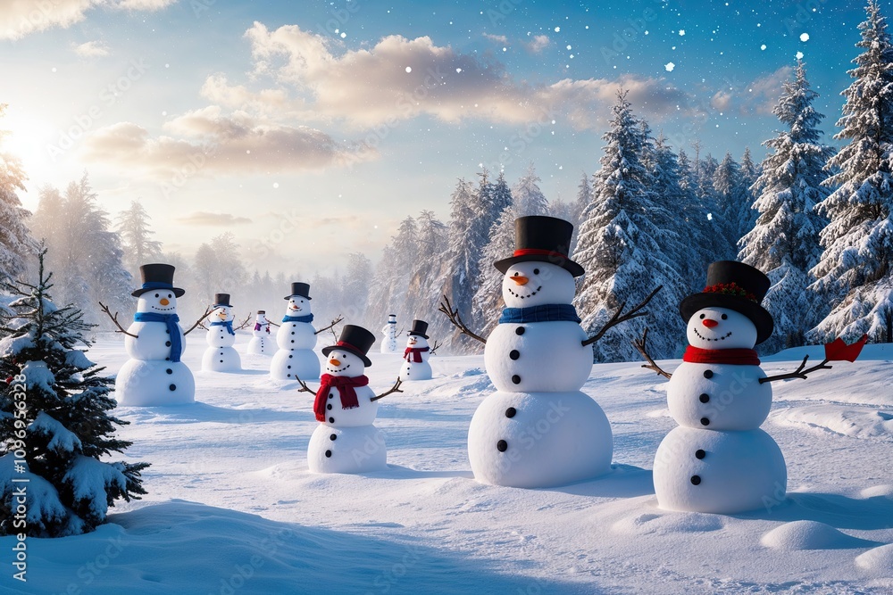 Obraz premium Enchanting Winter Wonderland Featuring Snowmen in a Scenic Snowy Landscape