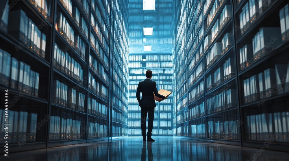 Man in suit stands in a vast archive of files Man in suit stands in a vast archive of files