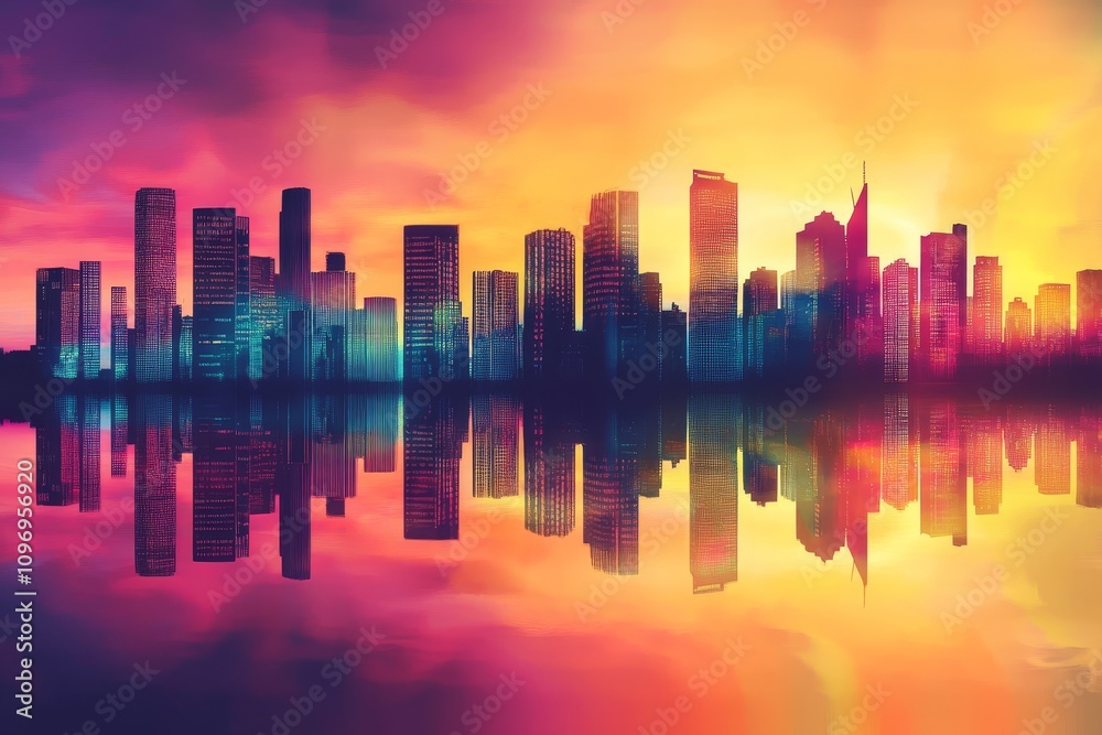 Fototapeta premium Vibrant City Skyline Silhouette at Sunrise - Stunning city skyline silhouette reflected in calm water at sunrise, showcasing vibrant colors, urban landscape, modern architecture, and peaceful reflecti