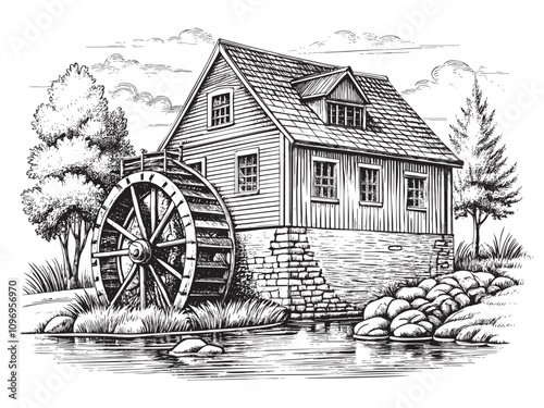 Old water mill sketch hand drawn drawing vector illustration