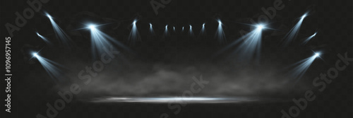 	
Spotlights shining down in a dark, misty atmosphere, creating a dramatic stage or stadium effect with beams of light piercing through the haze. Ideal for themes related to performances, events.	