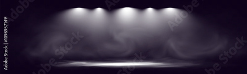 	
Spotlights shining down in a dark, misty atmosphere, creating a dramatic stage or stadium effect with beams of light piercing through the haze. Ideal for themes related to performances, events.	