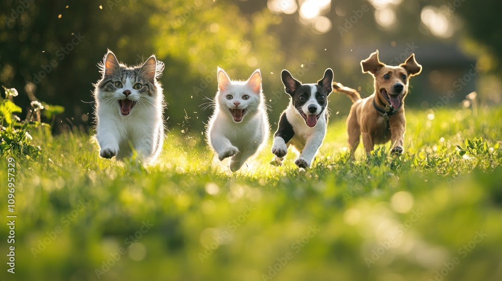 Joyful Pets Running in a Sunny Meadow Joyful Pets Running in a Sunny Meadow