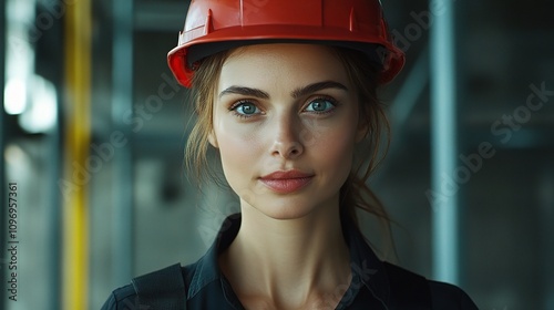 Close-Up Portrait of a Beautiful Female Engineer Wearing Helmet