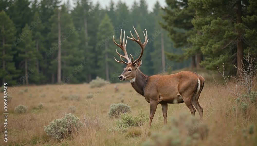 Majestic Buck with Impressive Antlers Standing Alert in Forest Meadow Majestic Buck with Impressive Antlers Standing Alert in Forest Meadow