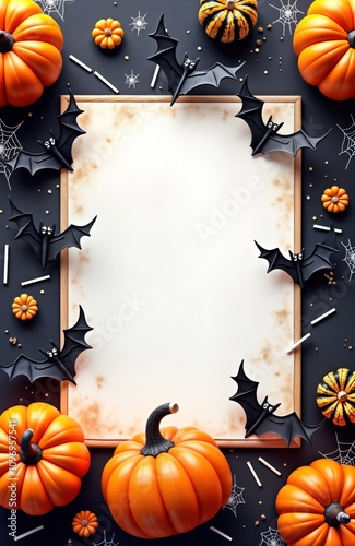 Halloween party invitation mockup Blank space for text Pumpkins bats cobwebs surround frame Festive autumn design template for event announcement Graphics for social media marketing photo