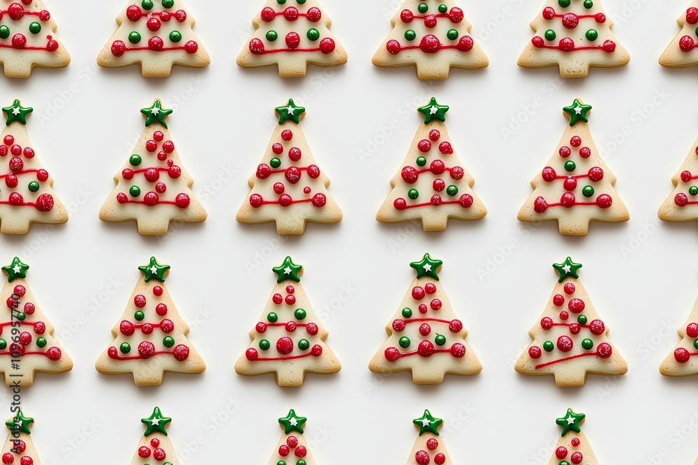 Christmas Tree-Shaped Cookies with Red and Green Decorations on a Festive White Background Christmas Tree-Shaped Cookies with Red and Green Decorations on a Festive White Background