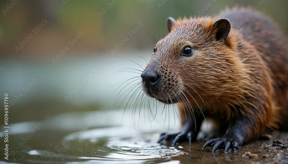 Curious Capybara Exploring Water's Edge Against Blurred Nature Background Curious Capybara Exploring Water's Edge Against Blurred Nature Background