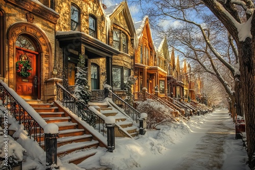 Snowy Street in Chicago's Lakeview Neighborhood, Holiday Decorations. AI generated illustration photo