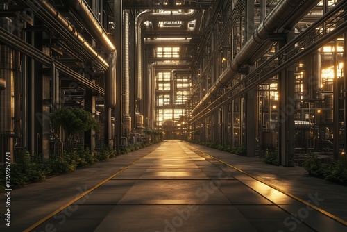 An industrial corridor with pipes and warm light, showcasing a blend of technology and nature with greenery along the path.
