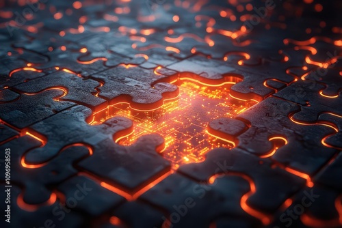 api integration represented by neon puzzle pieces seamlessly connecting in a futuristic digital landscape, emphasizing the importance of interoperability in technology solutions