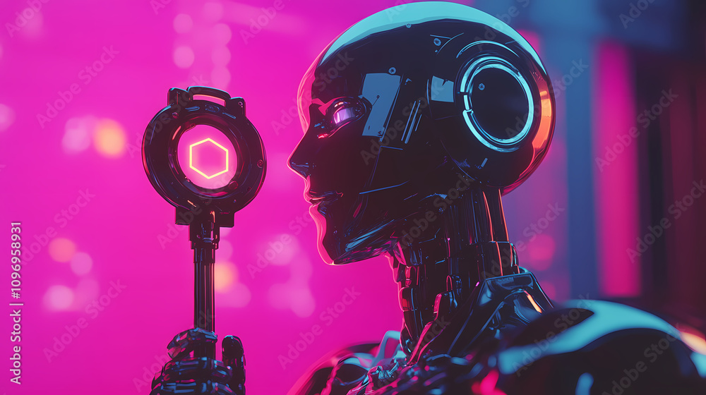 Futuristic robot guardian, a sleek 3d robot character stands confidently, holding a radiant key symbolizing power and discovery in a vibrant realm. Futuristic Robot Realm. Illustration
