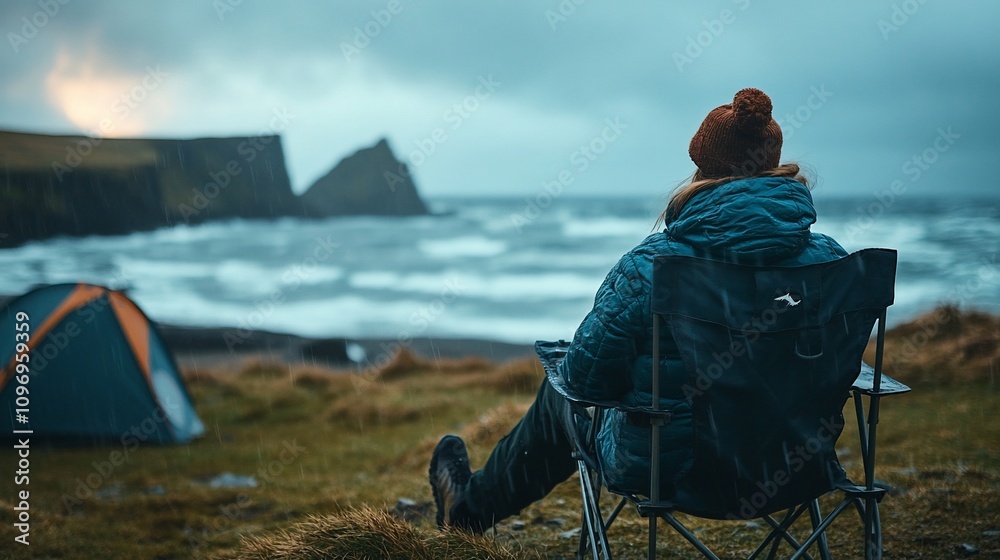 Fototapeta premium Woman relaxes in camping chair overlooking stormy ocean.